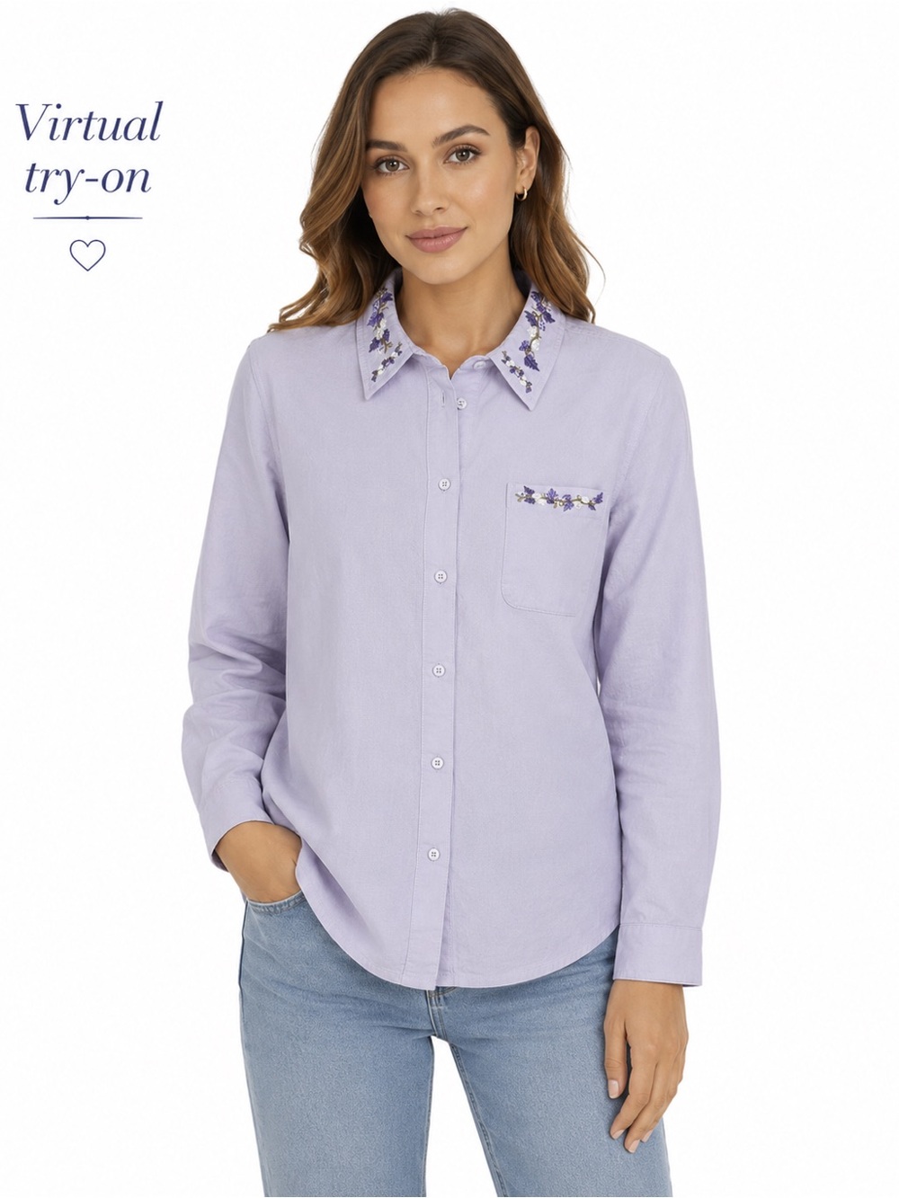 Blair Lavender Embroidered-Collar Button Down Shirt Cotton Size L